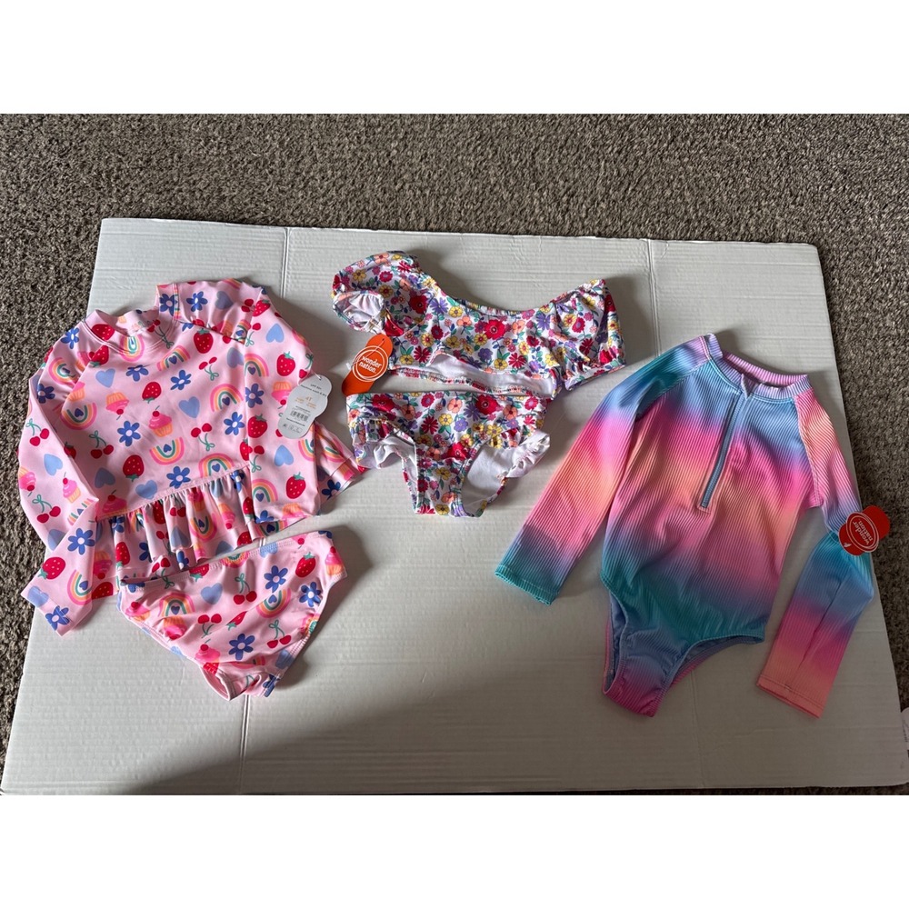 Wonder Nation Girls Swimsuit Bundle 4T Rashguard Bikini Ombre Floral 3-Pack NWT